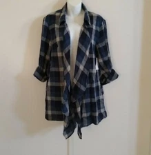 Style & Co Long Roll Tab Sleeve Ruffle Hem Carefree Plaid Blue Cardigan Top M