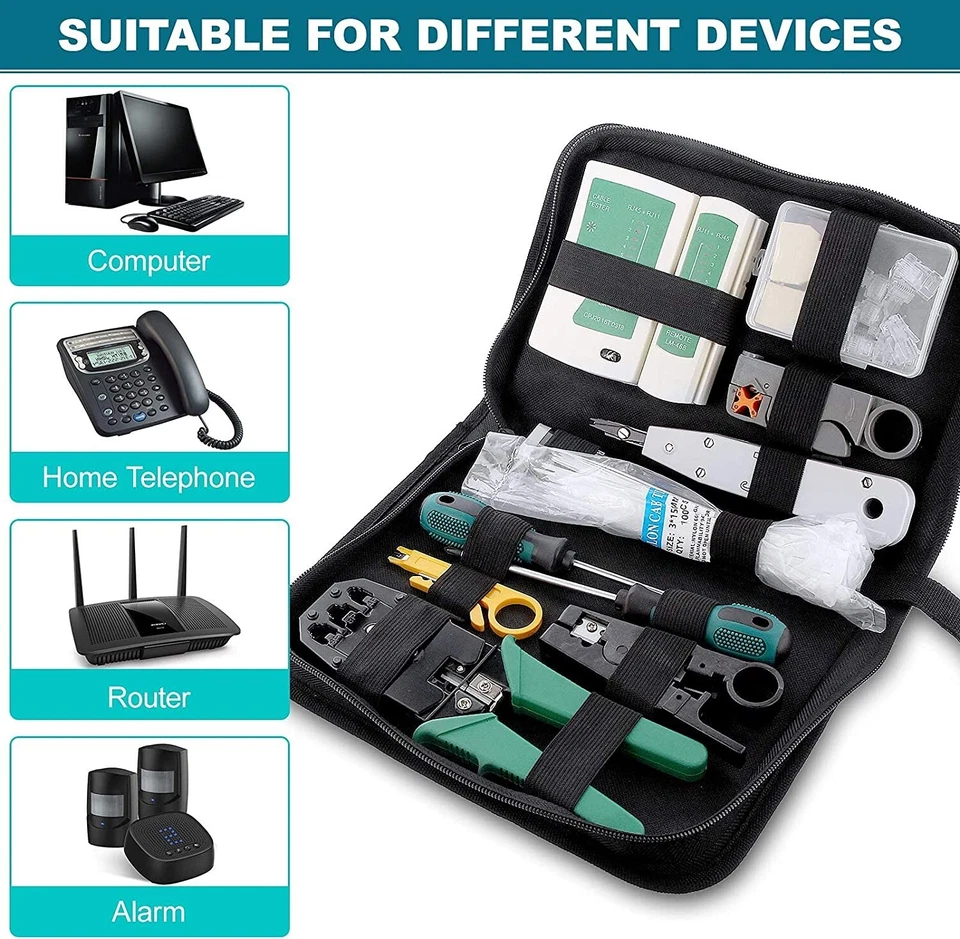 Kit tester cavo rete LAN RJ45 RJ11 RJ12 pinza crimpatrice plug ethernet custodia - Immagine 2 di 4