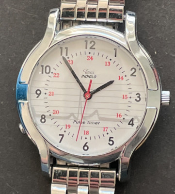 1998 Timex Pulse Timer Indiglo Women's Watch Parts/Repair Untested Silver 30mm