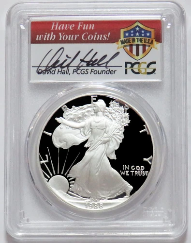 1988 S DAVID HALL SIGNED AMERICAN SILVER EAGLE $1 PROOF 1 oz PCGS PR 69 DCAM