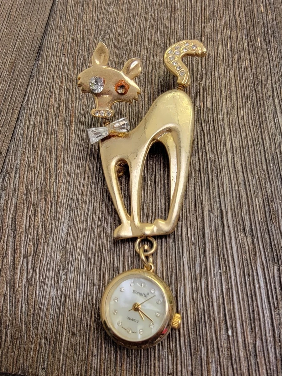Bonetto Brooch Watch Double Cat Vtg Gold Tone Reversed AB Rhinestone Pin 3.25