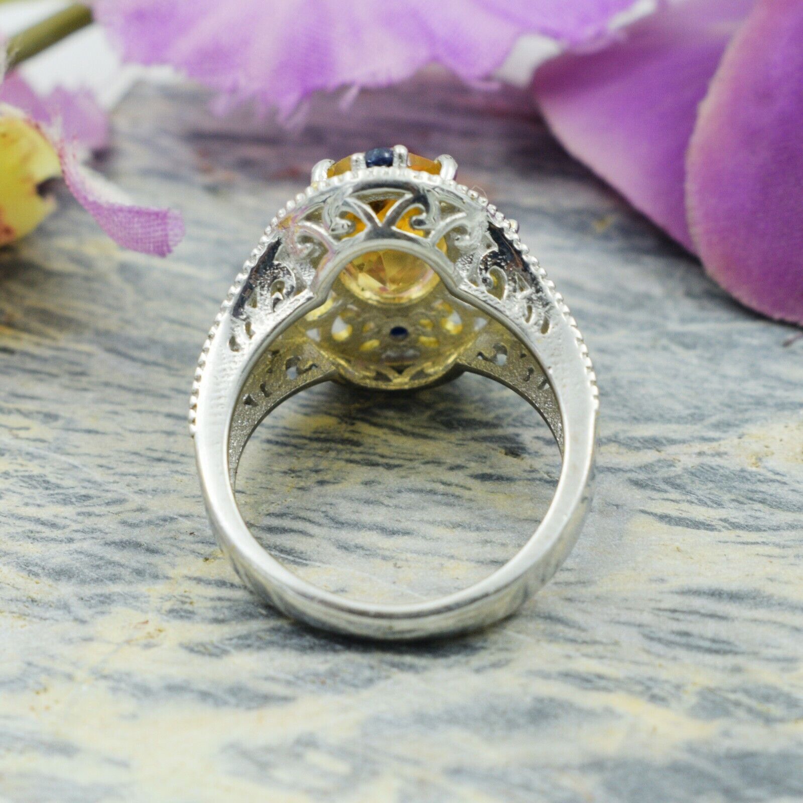 925 Sterling Silver Genuine Citrine Gemstone Ring Fine Jewelry Black