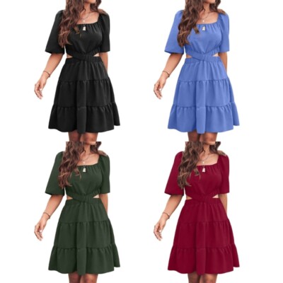 Womens Mini A-Line Flared Casual Dresses Tiered Cut Out Dress Square Neck Dress