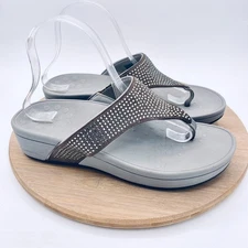 Vionic Naples Sandals Womens 9 W Gray Leather Orthotic Flip Flop Sequins