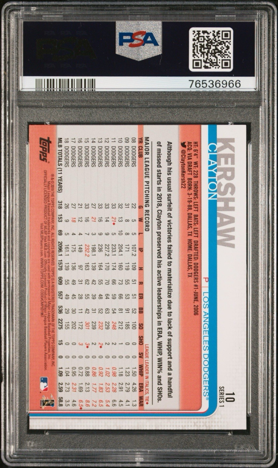 Clayton Kershaw 2019 Topps SP Image Variation Crouching PSA 10 Gem Mint #10 Card view 2