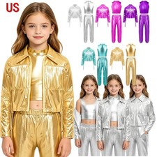 US Girls Metallic Long Sleeve Tassel Hip Hop Modern Jazz Dance Jacket with Pants