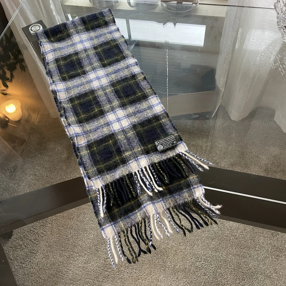 Bronte Tweeds 100% Pura Nueva Lana Merino Verde Azul Bufanda a Cuadros Extremos con Flecos Foto 3 de 4