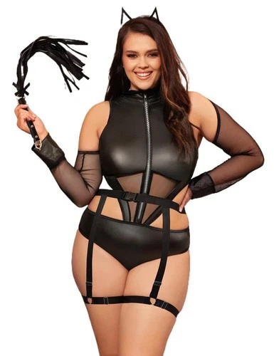 Women's Lingerie Bodysuit with Garter Belts Mesh Splice Zipper – Black XL