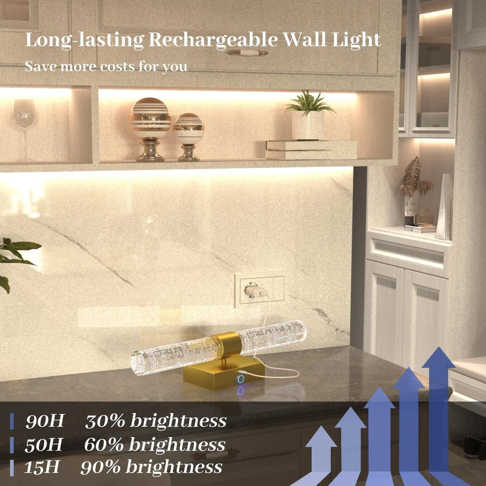 Juego de 2 apliques de pared LED de cristal a pilas, batería recargable dorada... Foto 2 de 4