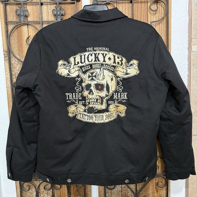 Lucky 13 Jacket Mens L Black Zip-Up Bikes Booze Broads Tattoo Your