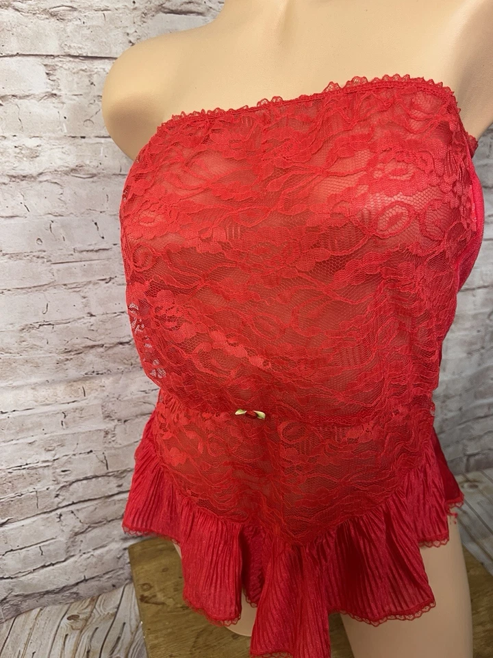 Vintage Lingerie Teddy Romper Playsuit Red Sheer Lace Nylon Strapless Fussy Sm - Image 4 of 4