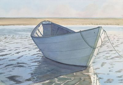 Seashore Serenity. Rowboat at Low Tide on Beach. Watercolor Notecards