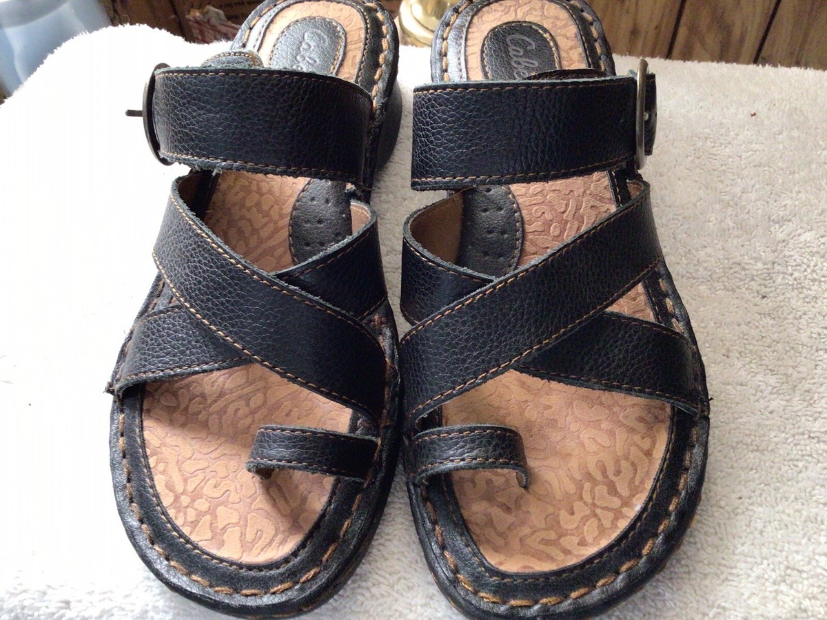 Womens CABELAS Black LEATHER SANDALS ADJUSTABLE WIDTH BUCKLE 