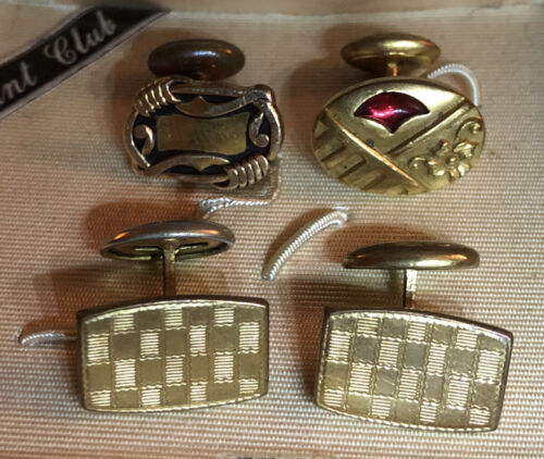 4 VTG Vintage Swank Cufflinks - One Pair & Two Odd Ones - Brown Leather Box - Picture 1 of 5