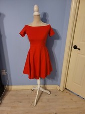 Sarin Mathews Small Dress Womens Red Off Shoulder Fit & Flare Skater Stretch 