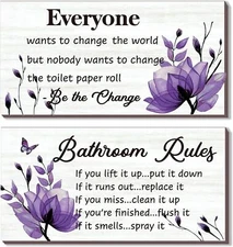 2 Pieces Purple Bathroom Decor Rules Wall Art Flower 