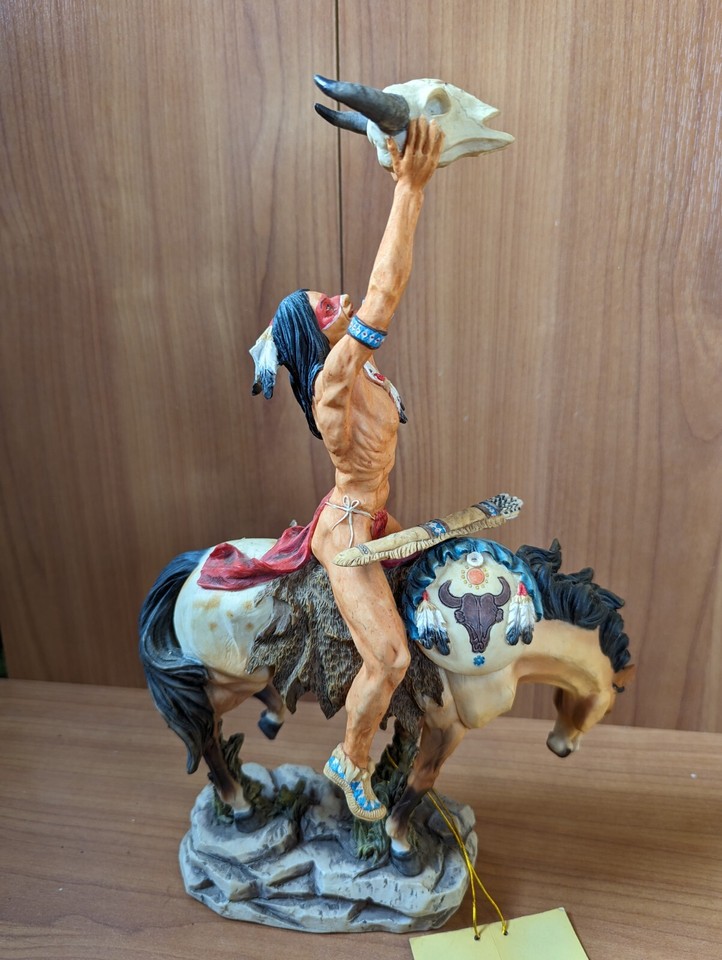 Native American Vision Quest Warrior On Horse With Skull Statue 13