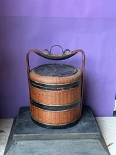 Antique Chinese Cylindrical Lacquered Wedding Basket / Food Carrier – 12" Tall