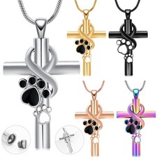 Cross Urn Pendant Paw Print Necklace for Pet Cremation Ashes Memorial Jewelry