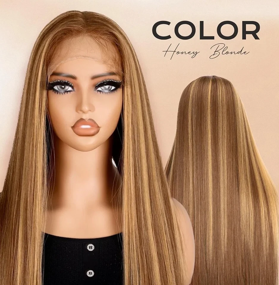 HD Lace Front Wig Human Hair Blend Highlights Wavy Curly Honey BROWN Blonde - Image 4 of 4