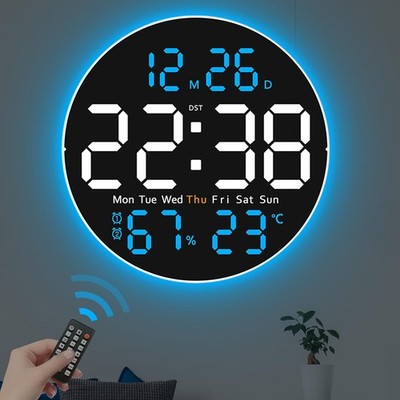 10 In Large Digital Wall Clock Remote LED PlugIn Auto Brightness Temp Hum