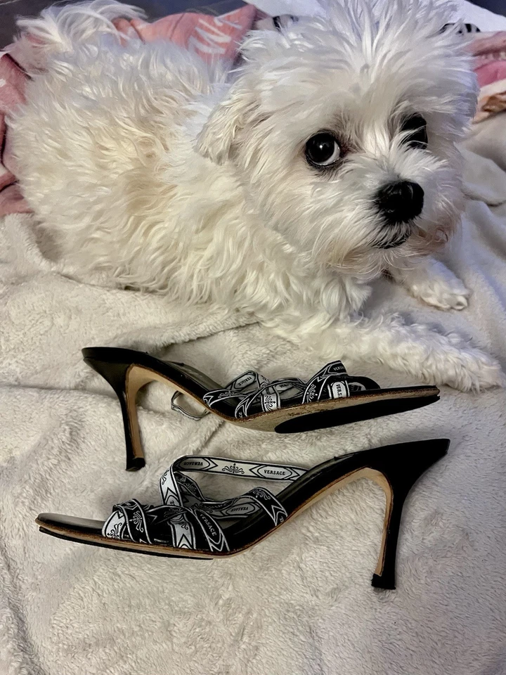 ¡Zapatos VERSACE RAROS! "Sandalias de diseñador Italia 36,5 7, logotipo blanco y negro tacón de 3,5""" Foto 4 de 4