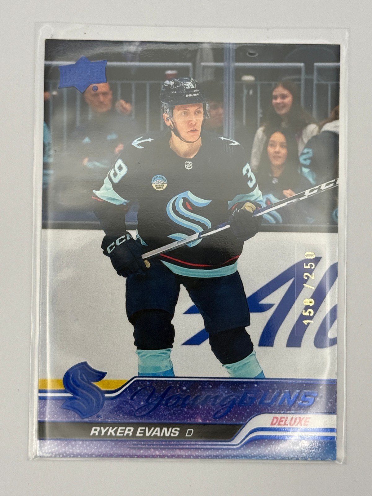 Ryker Evans 2023-2024 Upper Deck Young Guns #726 Deluxe /250 RC Rookie Kraken