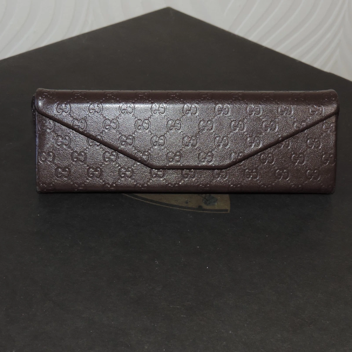 GUCCI Triangular Dark Brown Leather Embossed Logo Glasses Case w/Suede Lining GUCCI Brown Logo Embossed Leather Triangular Sunglasses  main image 3