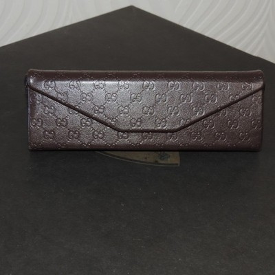 GUCCI Brown Embossed Leather Hardshell Folding Triangle Glasses Case Suede Gucci Brown Eyeglass Trifold Glasses Case Folding Hardshell  main image 2