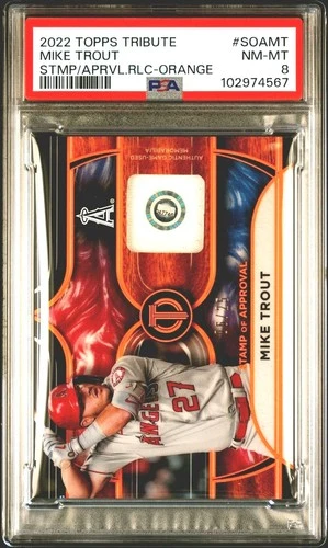 Mike Trout 2022 Topps Tribute Stamp of Approval Relic Orange /25 PSA 8 Mint RARE
