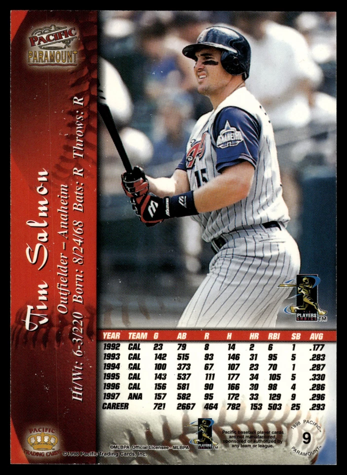 1998 Pacific Paramount Tim Salmon #9 Anaheim Angels Silver Baseball Card - Image 2 of 2