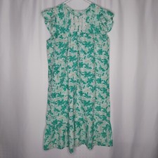 Vintage House Dress Medium Green Floral Cap Sleeve Pockets Ruffle Hem Round Neck
