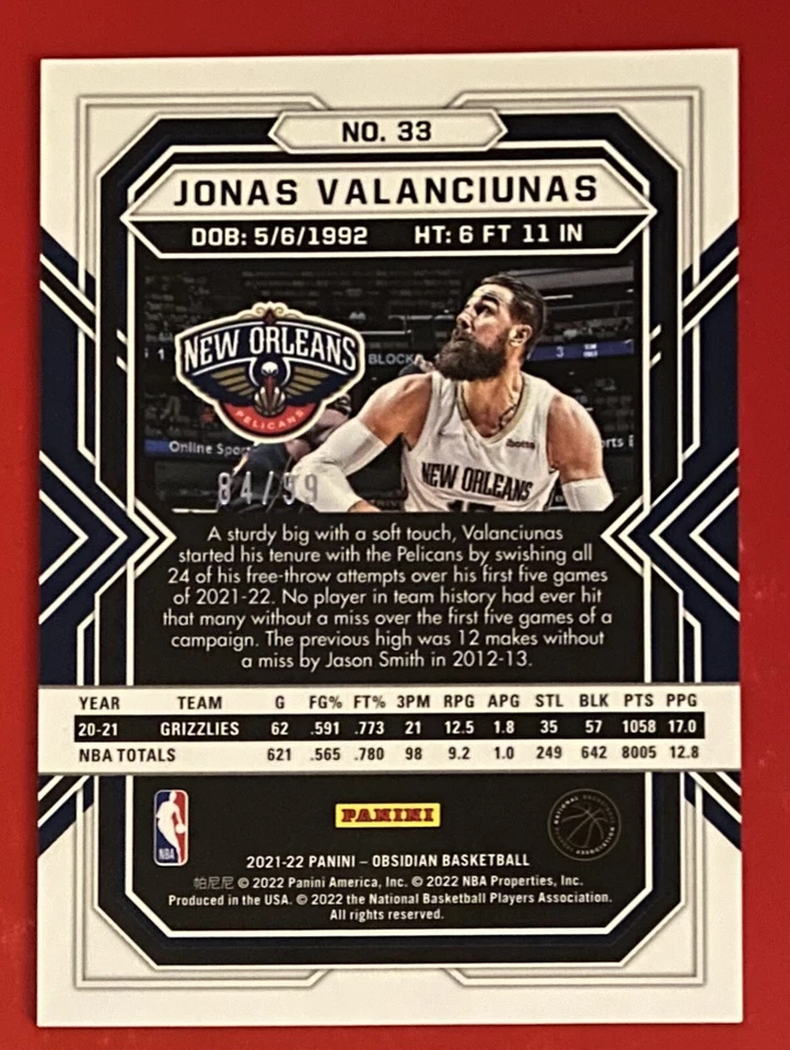 2021-22 Panini Obsidian Electric Etch Purple /99 Jonas Valanciunas #33 Pelicans - Image 2 of 2