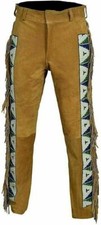 Men Western Cowboy Old Style Suede Leather Pant With Fringed  Beads Work