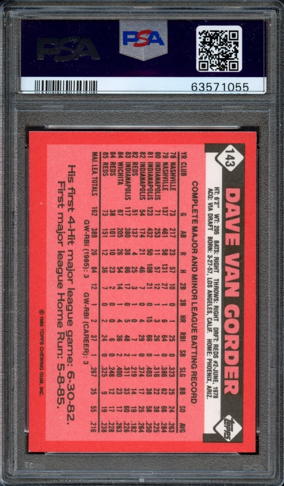 BB - 1986 Topps Tiffany - #143 - Dave Van Gorder - PSA 10 - GEM MT - Image 2 of 2