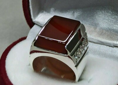 Natural Yemeni Deep Brown Aqeeq Sterling Silver 925 Handmade Mens