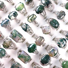 Wholesale Jewelry 20Pcs Natural Stone Moss Agate Gemstone Silver Plated Rings