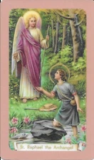 Holy Card of the Archangel Raphael Plus a 1" Silver Oxidized Medal of Raphael