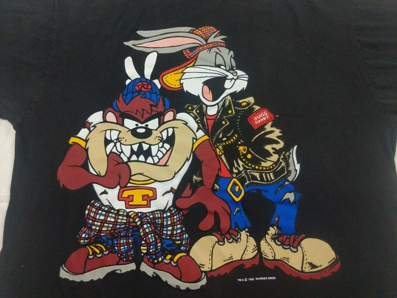 Vintage 1993 Warner Bros. Taz and Bugs Bunny Double Sided Black T