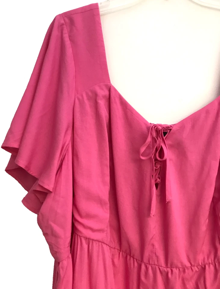Torrid 4 Flutter Sleeved Skater Dress Pink Square Neck Lace up High Low - Image 2 of 4