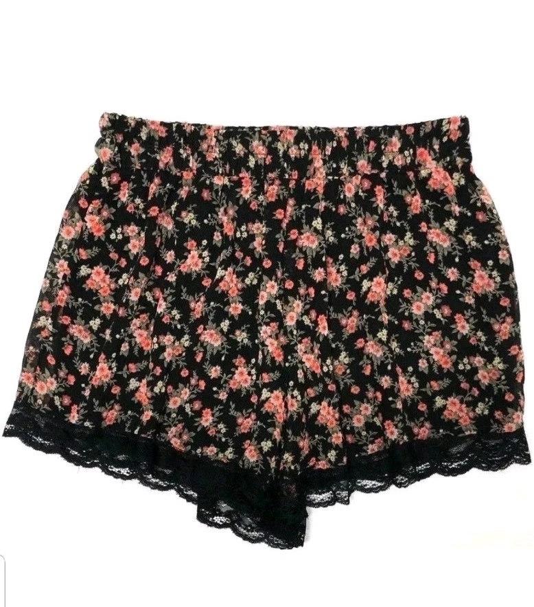 Pantalones Cortos Exuberantes Para Mujer Medianos Rosa Negro Floral Ribete de Encaje Cintura Elástica Foto 2 de 4
