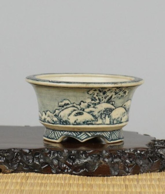 Japanese BONSAI Pot Biko Daisuke Sano Signed Landscape w/ Wooden Box φ3.3''