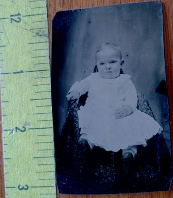 Antique 1800s Tin Type Photo Infant Child Baby Hand Tinted Cheeks #17084