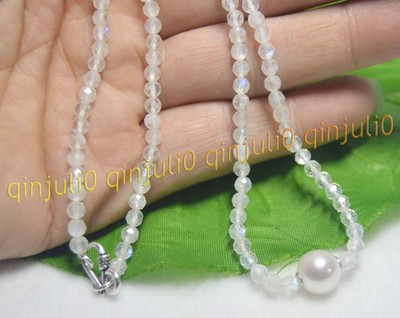Faceted 4mm Blue Flash Rainbow Moonstone Round Beads Real Pearl Necklace 16-28''