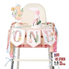 Girl 1st Birthday Decorations, Floral High Chair Banner with 1st Birthday Cake