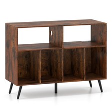 Record Player Stand w/Charging Station Open Shelves  Compartments Raised Legs