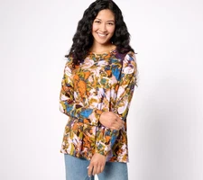 LOGO by Lori Goldstein Printed Knit Top With Lace Trim Spice Combo M New