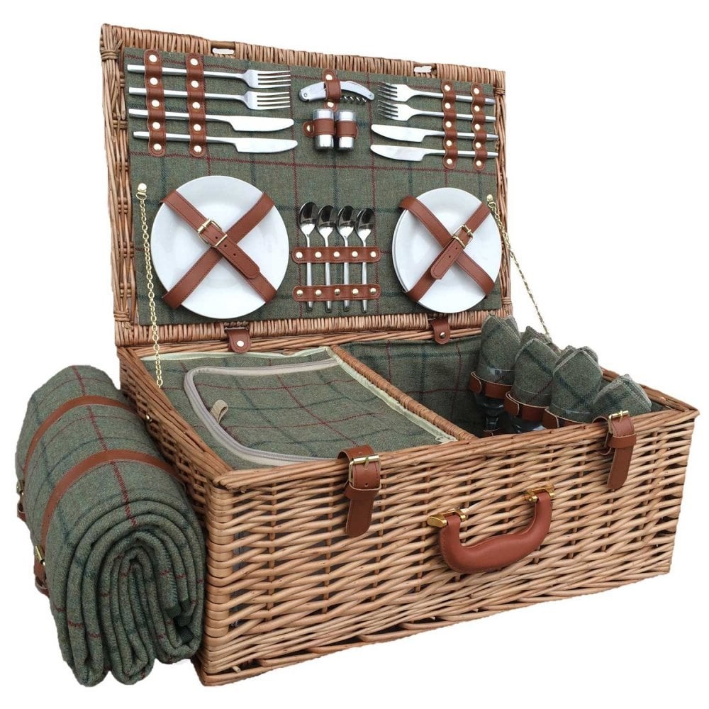 Wicker Picnic Hamper Basket Luxury Woven Willow 4 Person Set Green Tweed Blanket