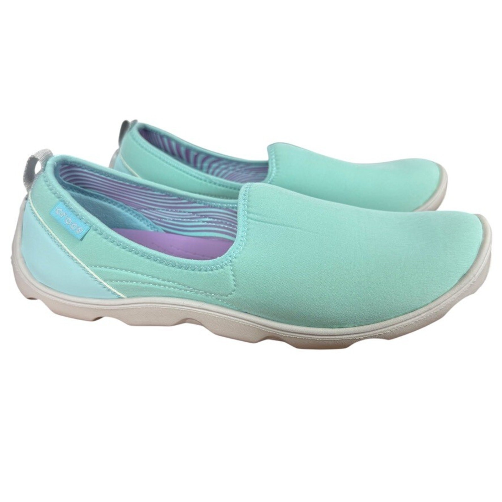 Crocs Duet Busy Day Skimmer Slip On Shoes Aqua Flat Mismatch