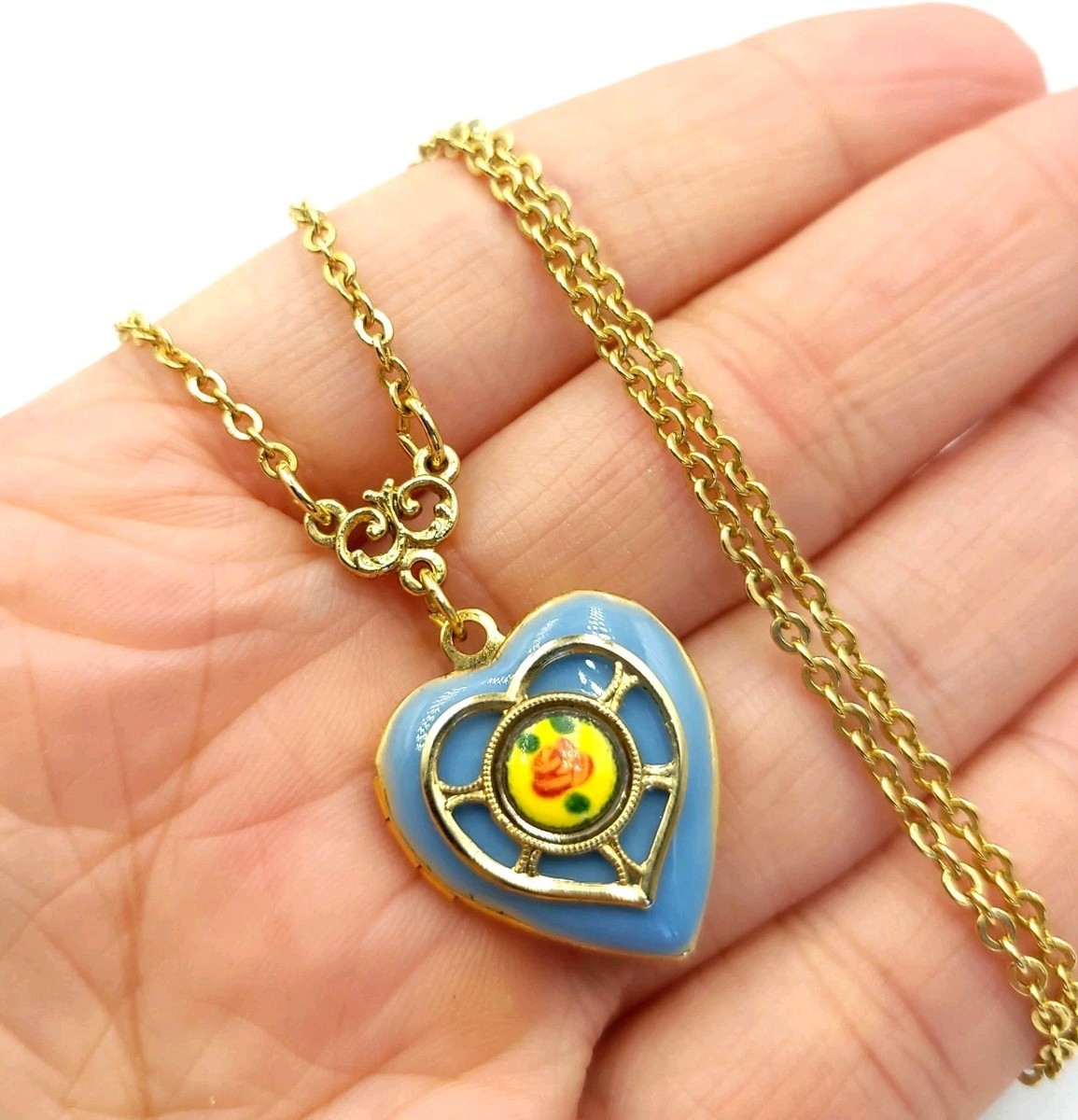 1928 Jewelry Blue Heart Enamel Picture Locket Pink Rose Pendant